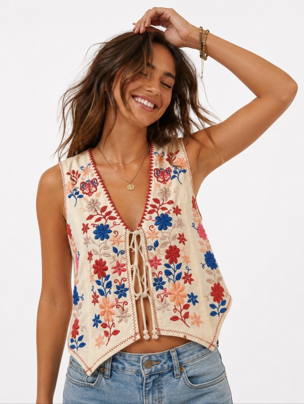 Free People In Bloom Embroidered Lace Up Vest Top Ivory M Boho Festival